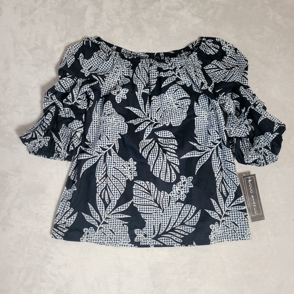 NWT Coco Bianco Black Floral Gathered Sleeve Shirt Medium‎
